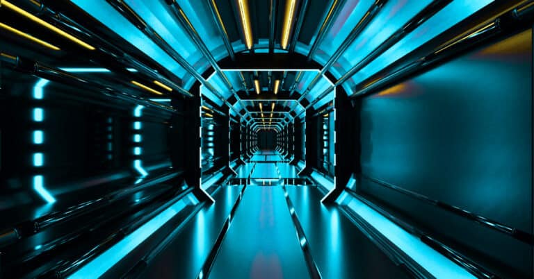 futuristic neon lit hallway with geometric shapes