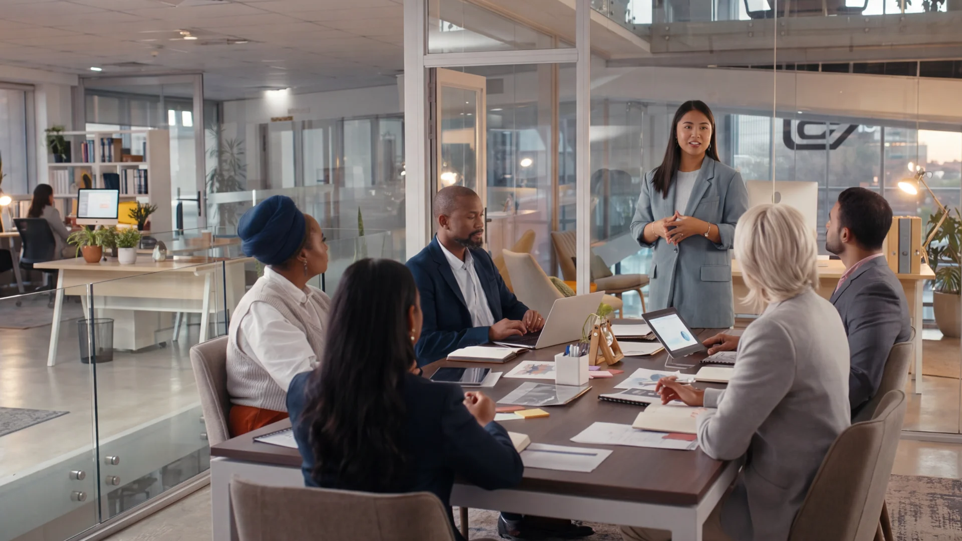 Finance team collaborating in a conference room on a transformation project