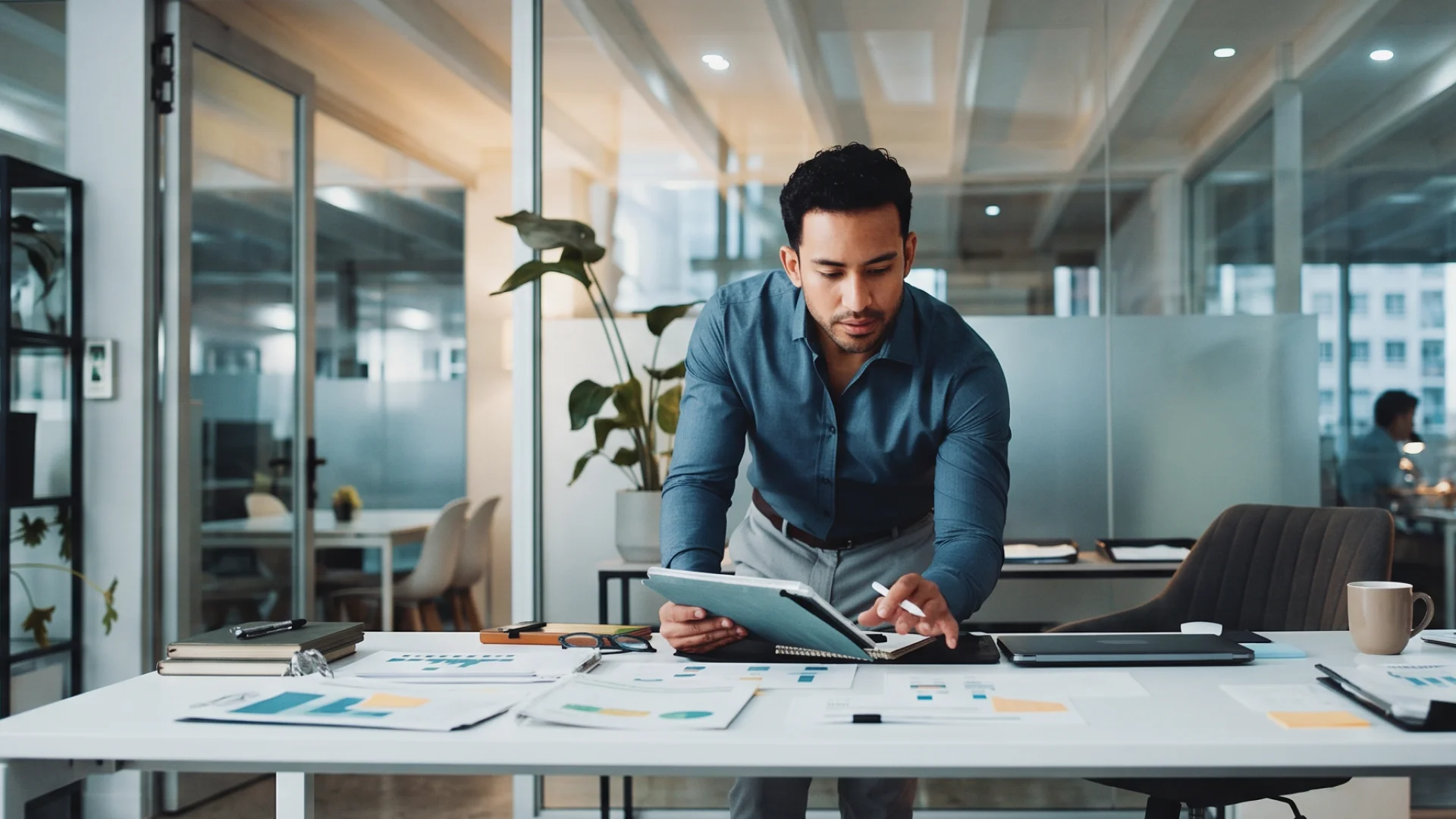 Professional sketching a data architecture plan with a notebook and tablet